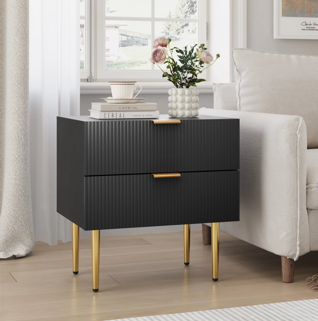 Comodino nero 53 x 41,5 cm in MDF e metallo, 2 cassetti scanalati