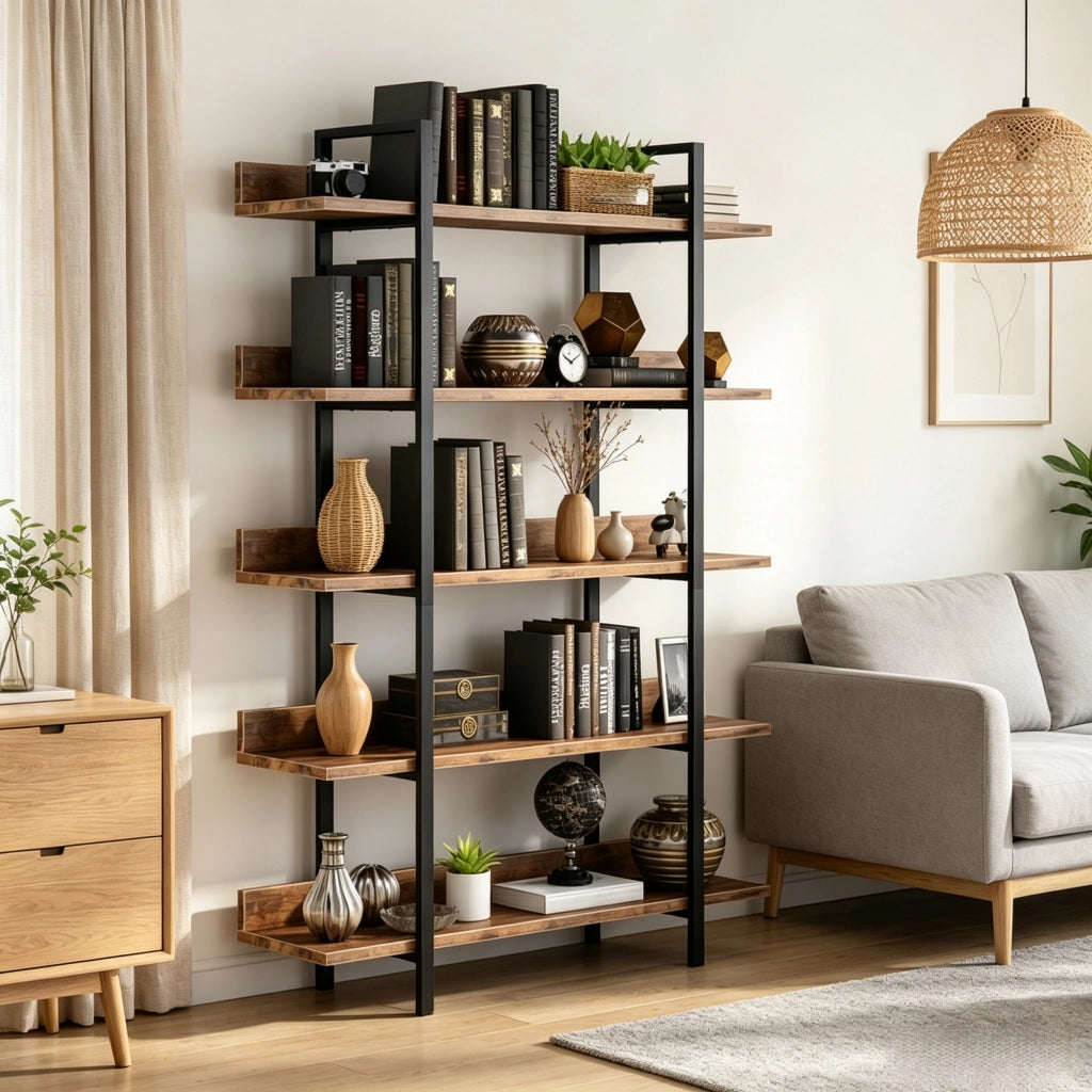 Libreria 105x33x180 cm a 5 ripiani in metallo e legno nero e marrone rustico