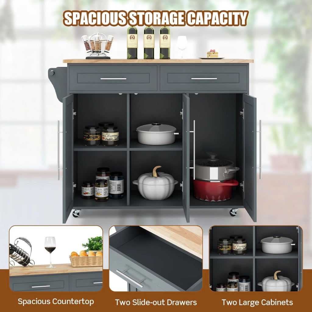 Isola di cucina mobile, carrello da cucina con ruote, 2 cassetti, armadi, portasciugamani e supporto per coltelli, ripiani regolabili, piano di lavoro in legno gomma, 121,5 x 45,5 x 92,5 cm