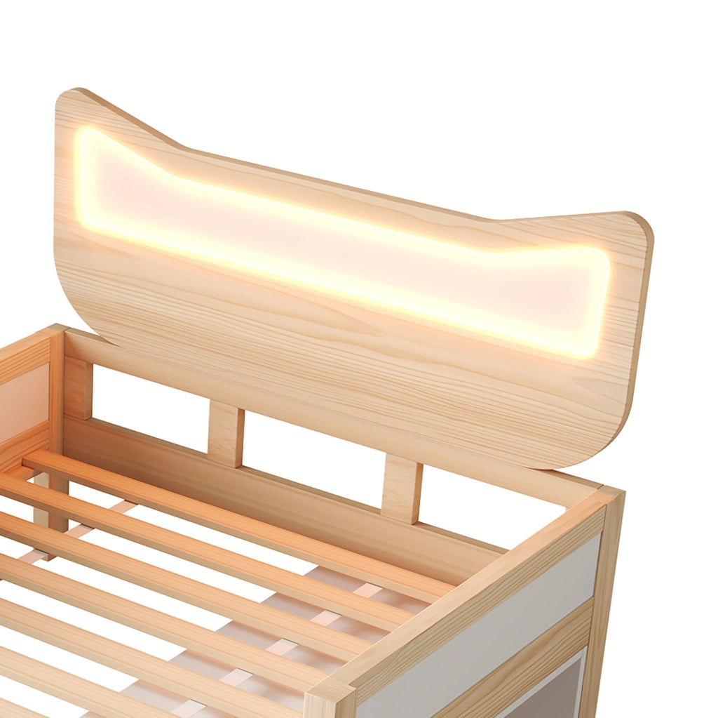 Letto per bambini 90x200 cm con LED; cassetto e vano contenitore; legno bianco e rovere