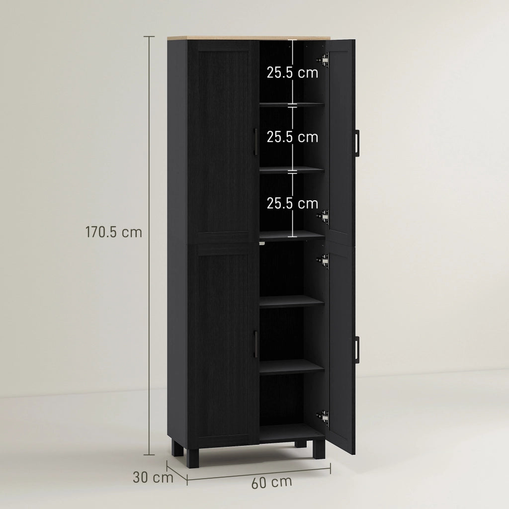 Mobile Dispensa da Cucina in Legno con 5 Ripiani Regolabili e 4 Ante, 60x30x170.5 cm, Nero