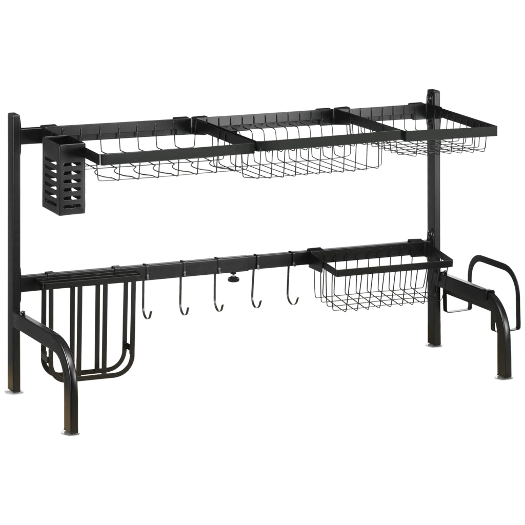 Scolapiatti a 2 livelli con ganci e vassoio di raccolta, in acciaio, nero, 51-93 cm, per cucina.