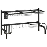 Scolapiatti a 2 livelli con ganci e vassoio di raccolta, in acciaio, nero, 51-93 cm, per cucina.