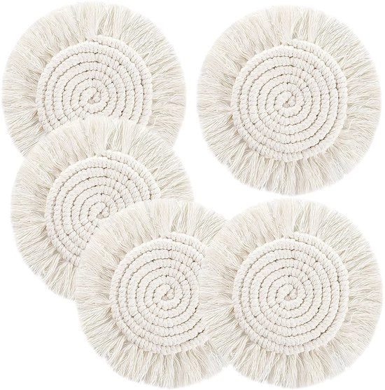 Confezione di 5 supporti per bicchieri assorbenti, supporti per bicchieri in macramé di cotone artigianale per tavoli da salotto, supporto per bicchieri in stile rustico termoresistente per decorazione domestica, protezione per tavolo.