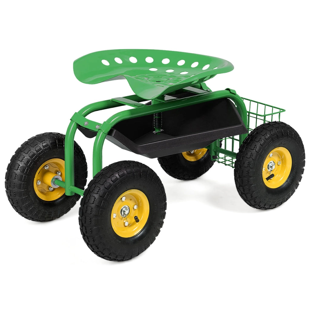 Sgabello da giardino con ruote seduta regolabile in altezza e girevole a 360¡ã cestello, Sedile per giardinaggio Verde