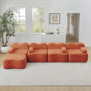 Divano angolare modulare 384x167x70 cm in velluto arancione con pouf collegabile
