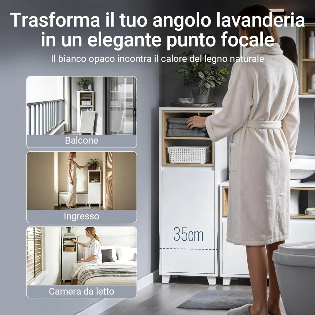 Mobile Bagno Salvaspazio con Cesto Portabiancheria – Mobiletto Cassettiera Bagno, Mobile Lavanderia Bianco, 35 x 30 x 105 cm, BZR146-W