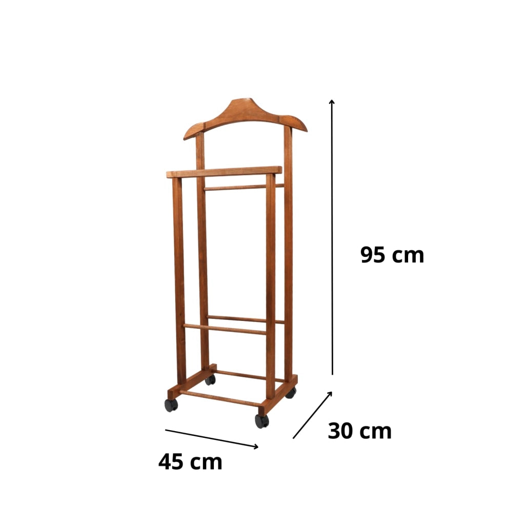 OWIJI Indossatore Appendiabiti Legno Faggio Rotelle Servo Muto Doppio Dimensioni 45 x 30 x 95 cm Appendiabiti Vestiti Camera Letto Cabina Armadio Colore: Noce , Unità: 1 Unità