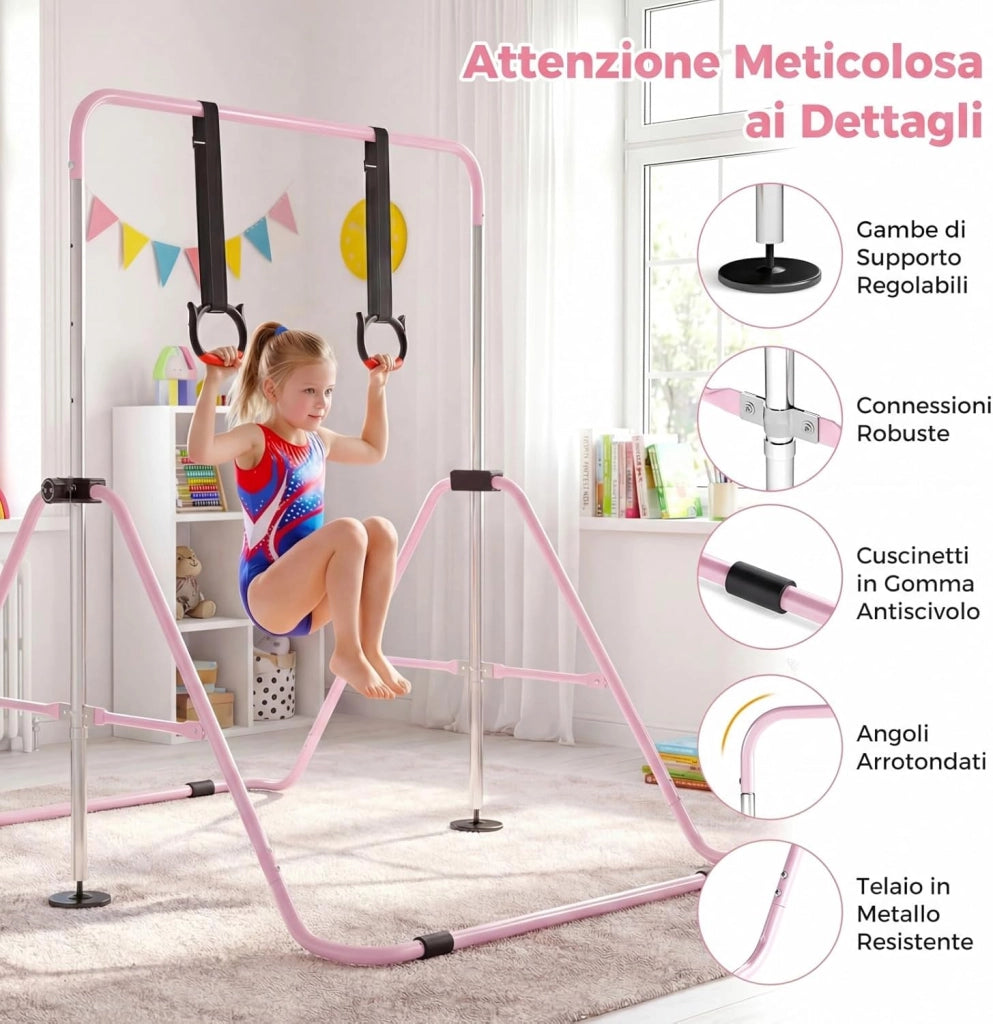 COSTWAY Sbarra Ginnastica Pieghevole per Bambini, Barra Ginnastica per Casa Regolabile a 4 Livelli con Anelli e Cuscinetti Antiscivolo, Attrezzatura Ginnastica per Bambini 3-12 Anni