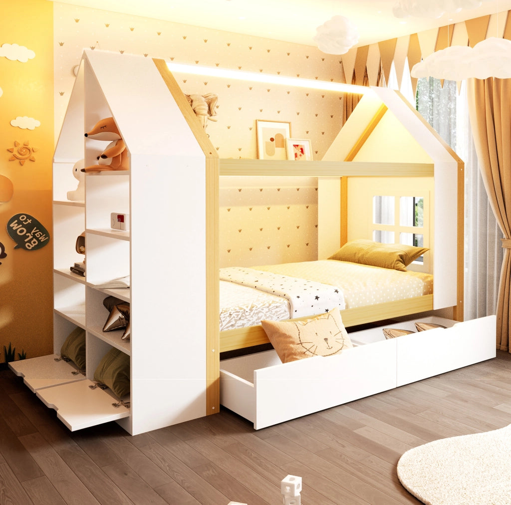 Letto a casetta 90x200 cm con LED e 2 cassetti in legno bianco