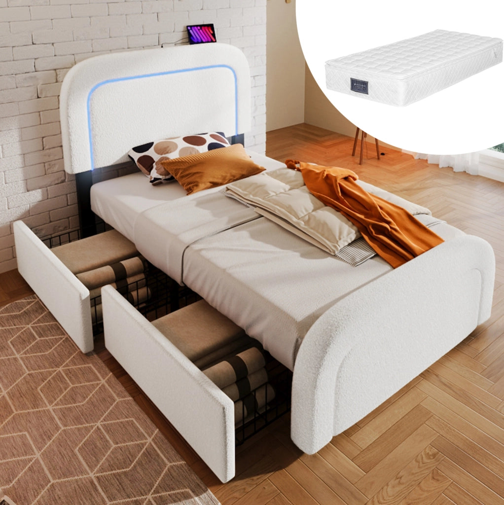 Letto imbottito 90x200 cm in Sherpa bianco con USB Type-C; LED e 2 cassetti; con materasso