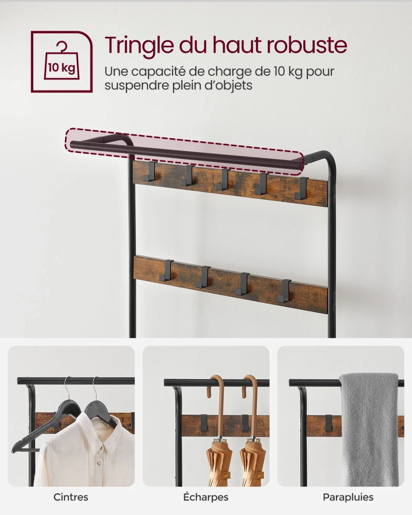 Appendiabiti da ingresso con ganci estraibili panca e scarpiera lungo 84 cm struttura in metallo in stile industriale marrone rustico e nero 12_0007141