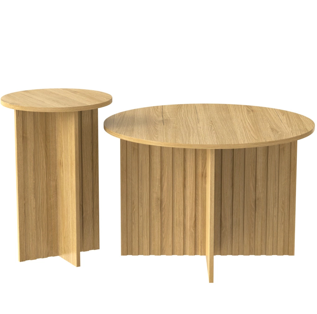 Set di 2 tavolini da salotto rotondi 76x76x50 cm e 40x40x56.5 cm; MDF e pannello truciolare; colore legno