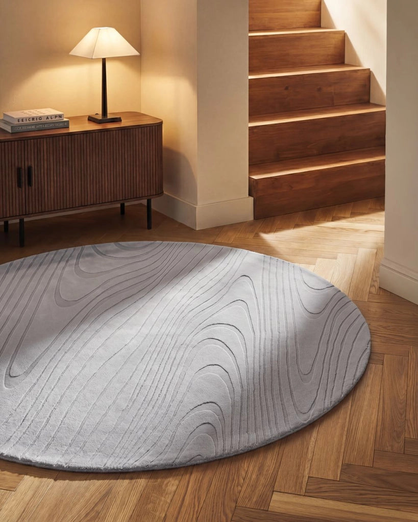 Tappeto in pelliccia sintetica di coniglio grigio chiaro in poliestere, 160 cm rotondo morbido, a pelo lungo, motivo geometrico