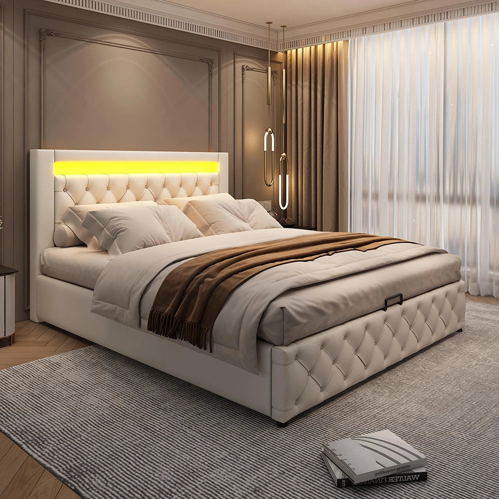 Letto imbottito 140x190 cm - Xylo - Bianco, struttura a doghe, spazio di archiviazione idraulico, illuminazione LED, materiale PU