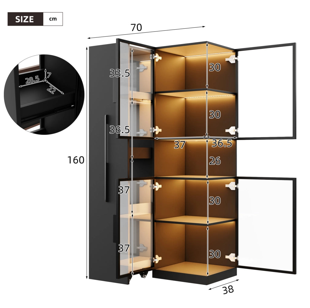 Vetrina alta 70x38x160 cm in MDF e vetro con LED multicolore; nera