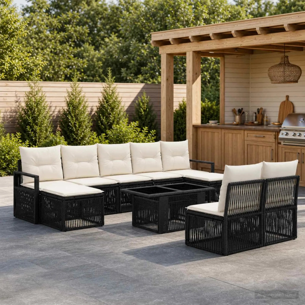 Set Divano da Giardino 10 pz Nero e Bianco Crema polyrattan 3437149