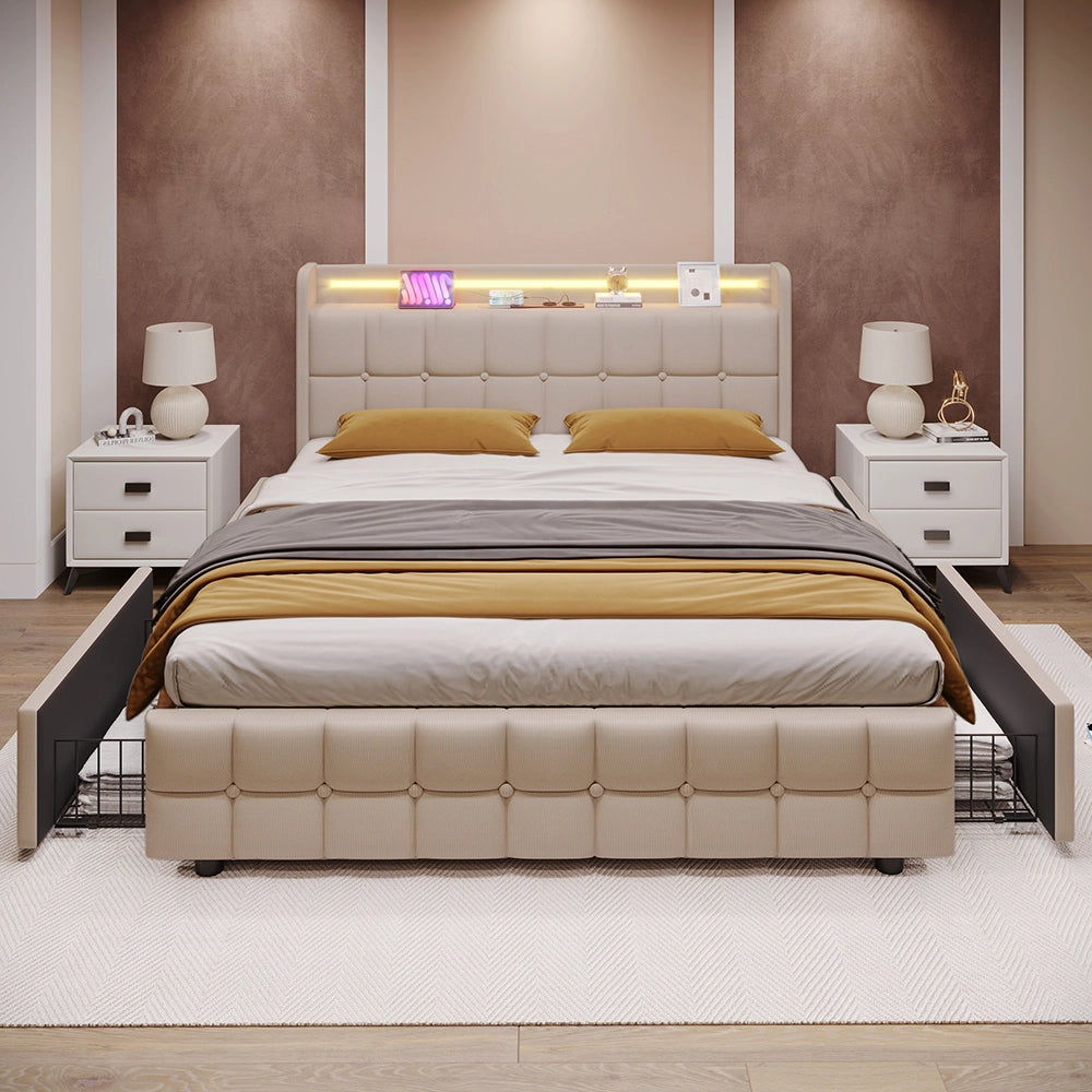 Letto imbottito con testiera LED - Xylo - 160x200 cm - Beige - USB, 4 cassetti
