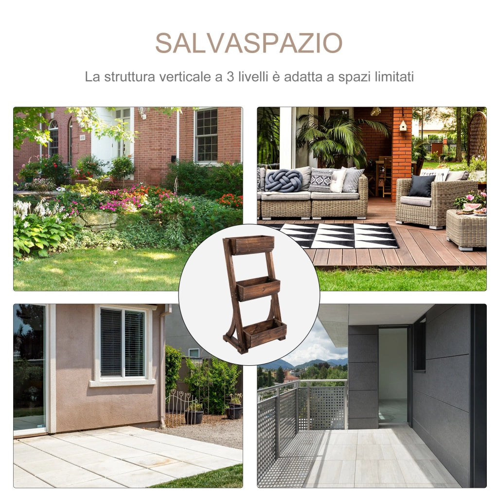 Portapiante Fioriera da Giardino 3 Ripiani 61x48x118 cm in Legno Carbonizzato