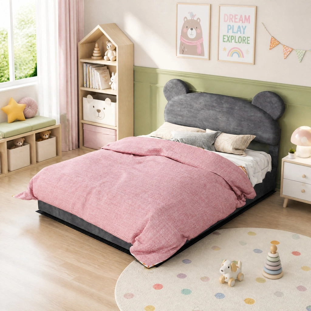 Letto imbottito con testiera sagomata e contenitore pneumatico; 140x200 cm; grigio