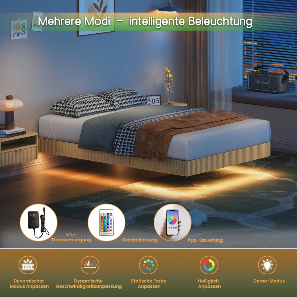 Letto matrimoniale 140 x 200 cm con design sospeso, LED RGB e struttura in metallo rinforzato, colore Naturale