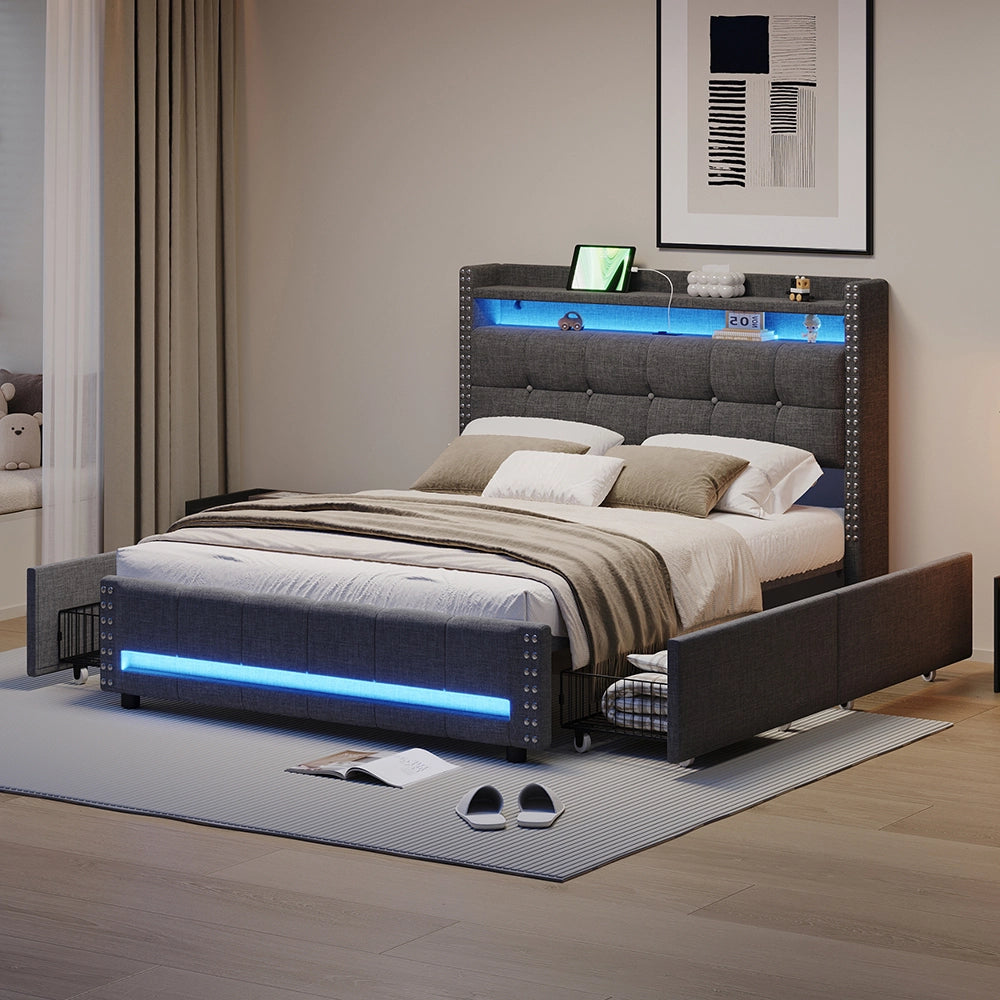 Letto imbottito 140x200 cm - Xylo - LED, USB, 4 cassetti grigio