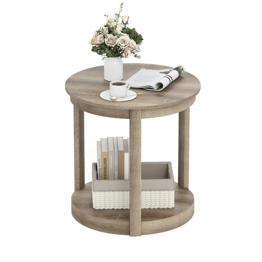 Tavolo da caff¨¨ a 2 livelli con ripiano e gambe in legno di gomma, Tavolino da cocktail rustico per soggiorno Grigio-Tavolini