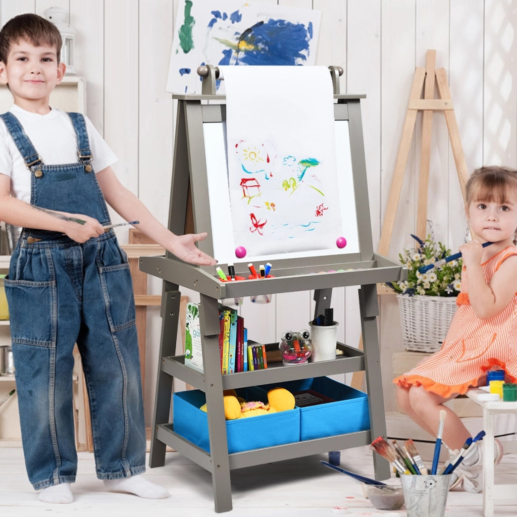 Cavalletto double face 3 in 1per bambini, Treppiede con lavagna bianca e nera e rotolo di carta Grigio-Cavalletti e lavagne bambini