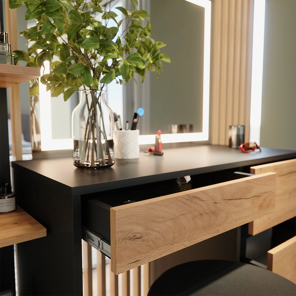 Vicco Tavolino da toilette Antracite/quercia dorata 90 x 75 cm con specchio LED e sgabello