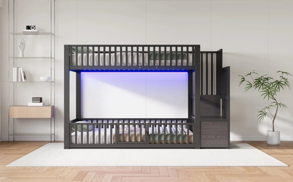Letto a castello 90x200 cm con scala contenitore e illuminazione LED, nero