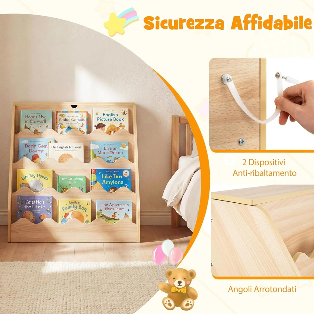 Libreria Montessoriana per Bambini 2in1, Scaffale per Libri a 4 Livelli con Carrello Portagiochi, Vano con Coperchio Ribaltabile, per Cameretta e Stanza dei Giochi, 63x49x61,5 cm (Naturale)