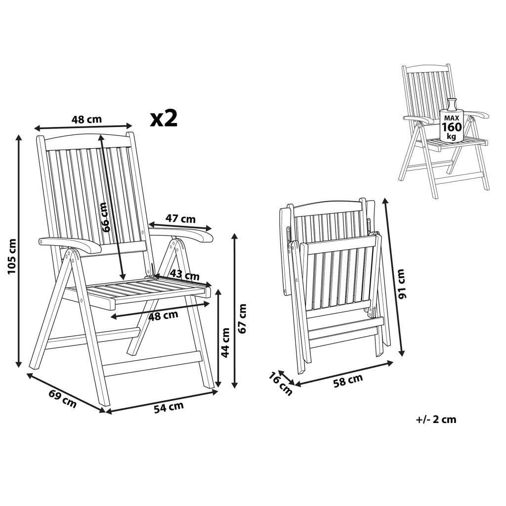 Set di 2 sedie da giardino in legno di acacia pieghevoli regolabili per esterni stile rustico country