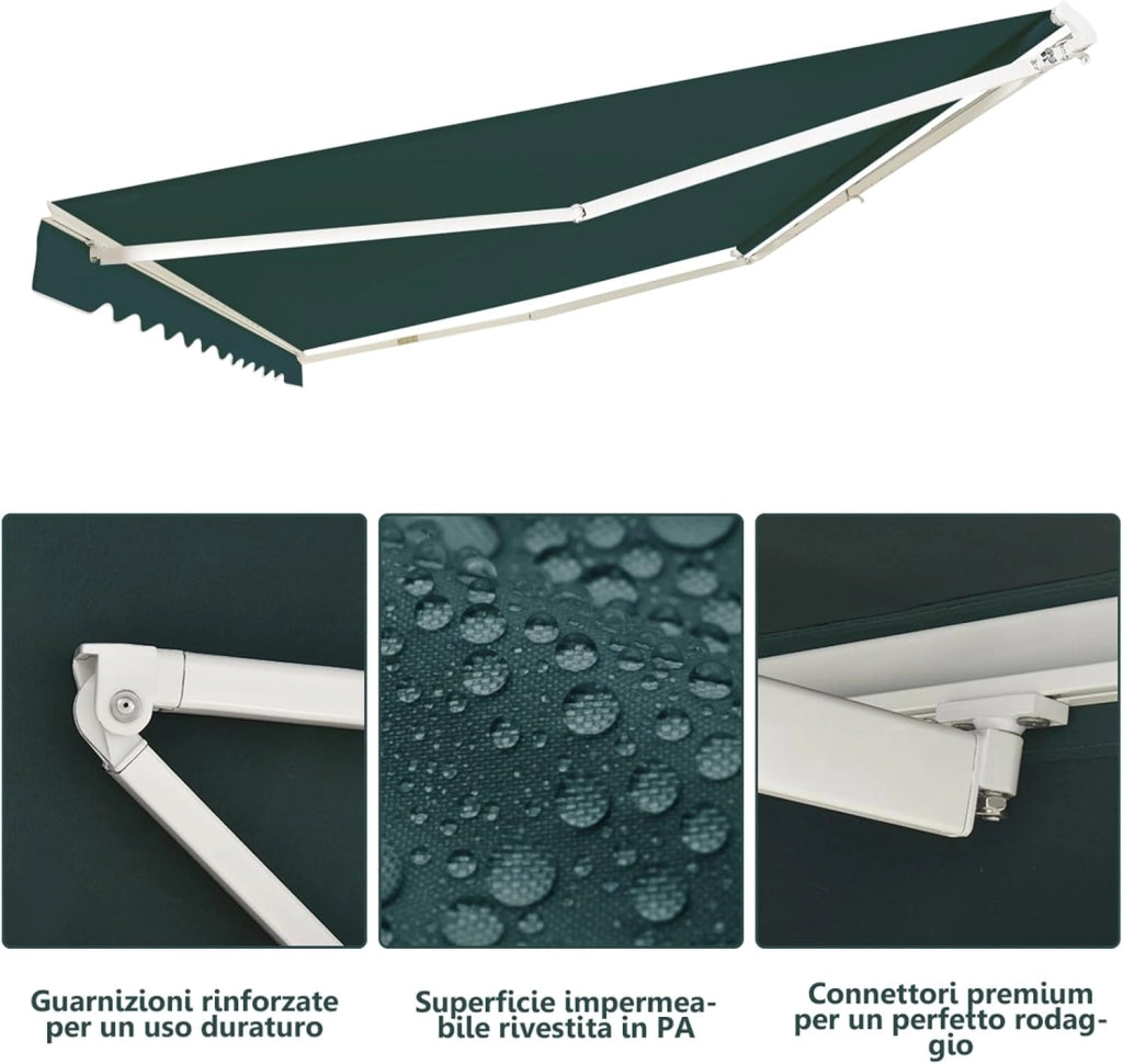 Tenda da Sole per Esterno Avvolgibile 3 x 2,5 M, Tenda da Sole a Bracci Estensibili con Telaio in Alluminio, Tettuccio Resistente al Sole e Impermeabile e Manovella (3 x 2,5 M, Verde)