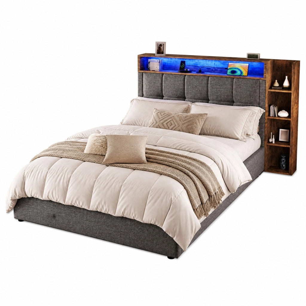 Letto imbottito 90x200 cm con USB e Type-C; contenitore idraulico; LED; grigio