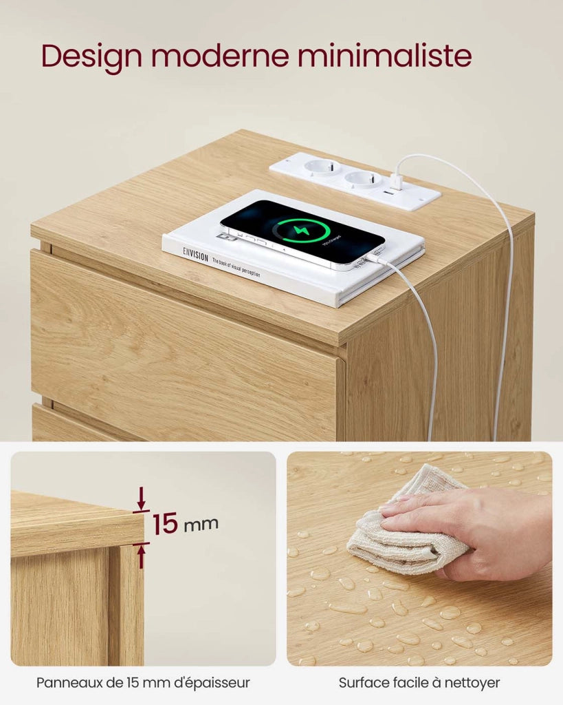Comodino con multipresa tavolino con 3 cassetti 2 prese CA 2 porte USB frontali dei cassetti smussati per soggiorno camera da letto ufficio moderno marrone 12_0007614