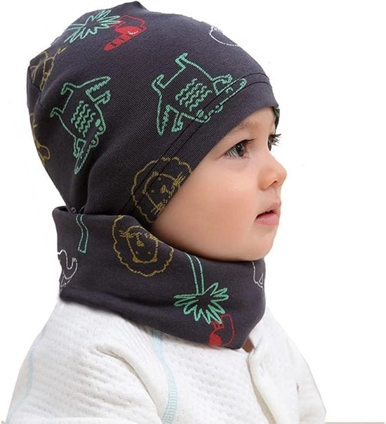 Set per bambini in cotone, cappello e sciarpa, cappello caldo con motivo di testa e protezione collo per primavera, autunno e inverno, leone, 0-5 mesi (taglia S)