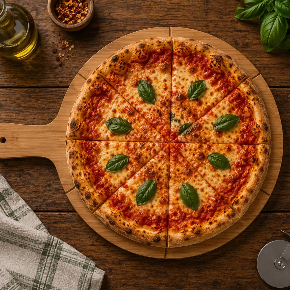 Tagliere per Pizza Ø34 cm in Bambù con Coltello Taglierina con Rotella in Acciaio Inox