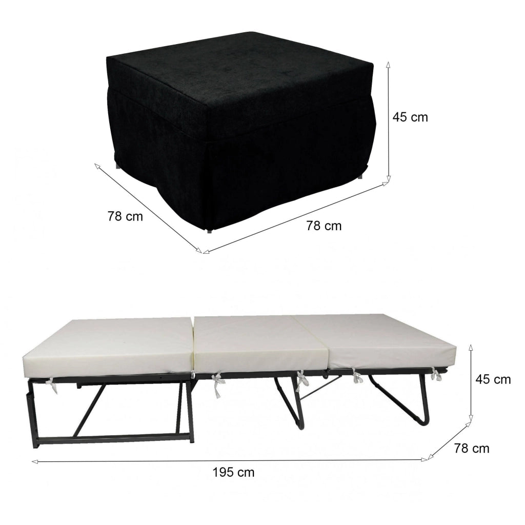 Puof trasformabile in letto Arno, Made in Italy, Letto pieghevole, Pouf in tessuto sfoderabile salvaspazio da soggiorno, cm 78x78/195h45, Nero