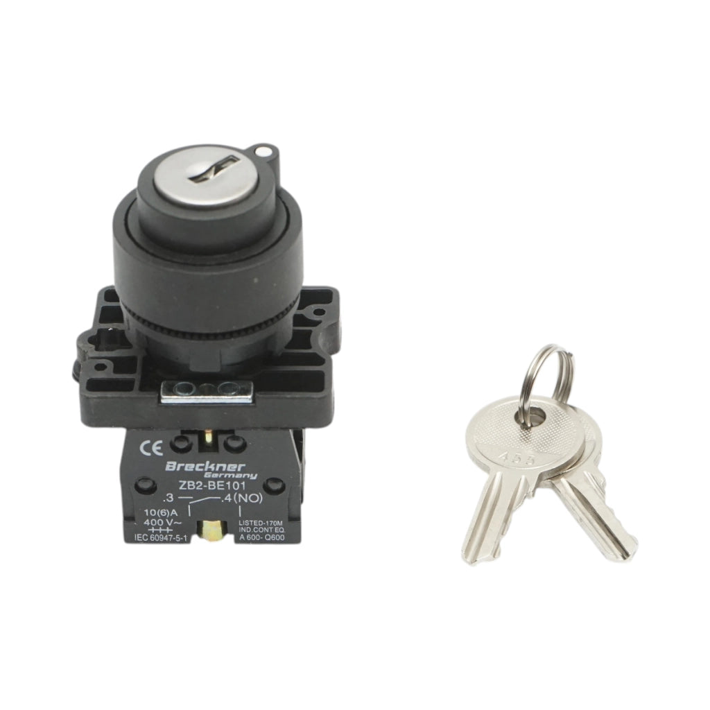 Selettore a 2 posizioni con blocco e chiave 1NO+1NC, 400V/10A, LAY5-EG45 Breckner Germany