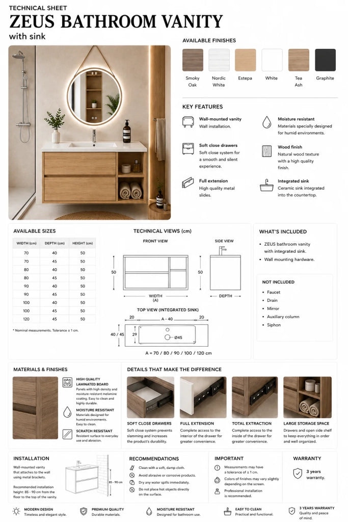 Mobile bagno con lavabo ORIGENBATH ZEUS senza specchio 80x40 cm Sinistra bianco nordico