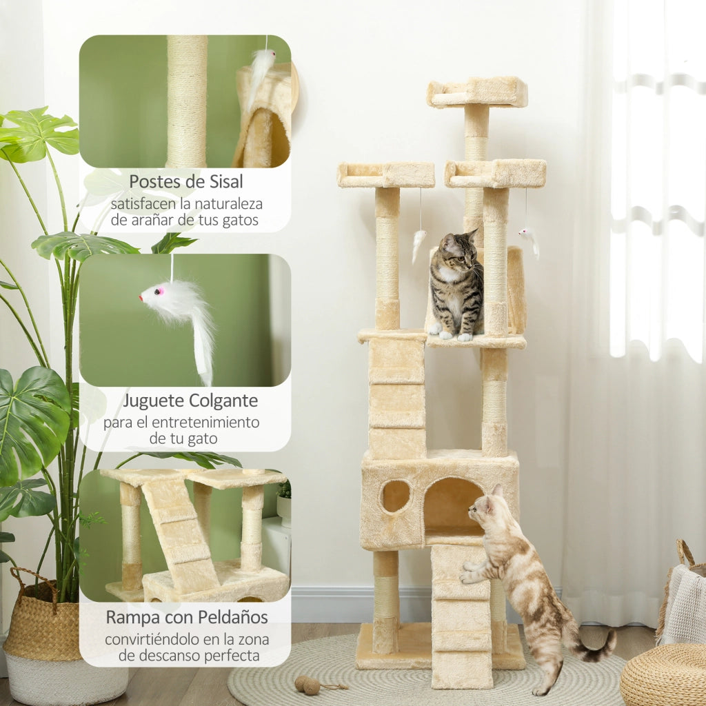 Albero tiragraffi per gatti con 2 tane e 3 lettini ¨C zephmum ¨C 173 cm beige