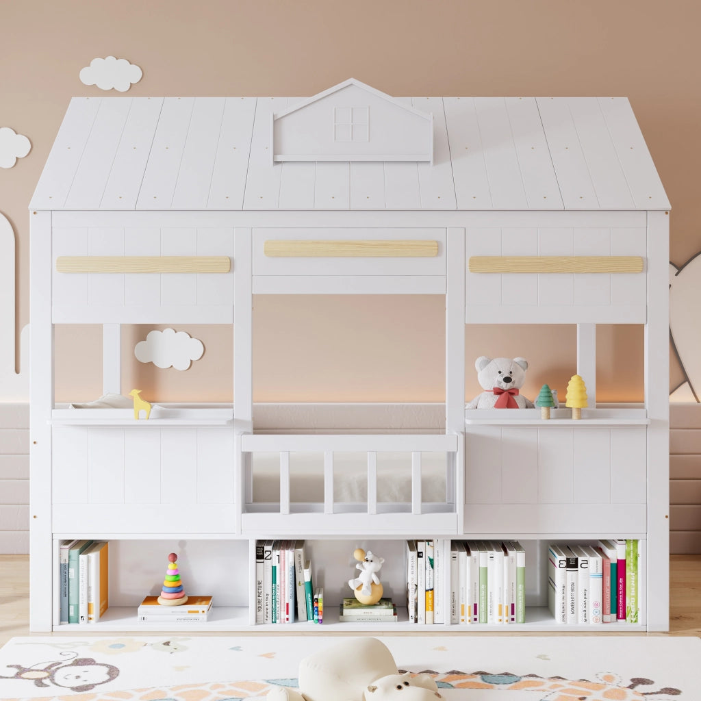 Letto a soppalco per bambini 90 × 200 cm con libreria integrata e struttura stabile, senza materasso, bianco