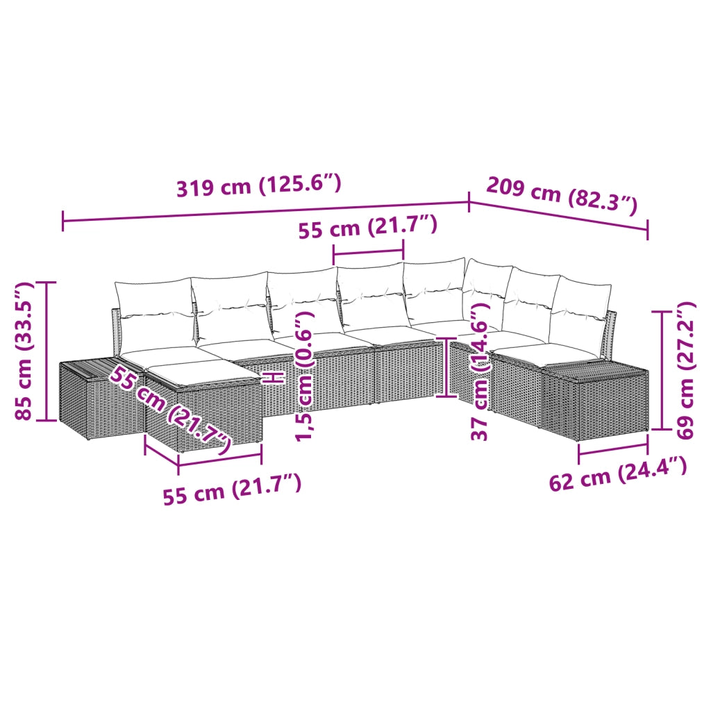 Set di divano da giardino a 8 pezzi con cuscini in polyrattan grigio chiaro