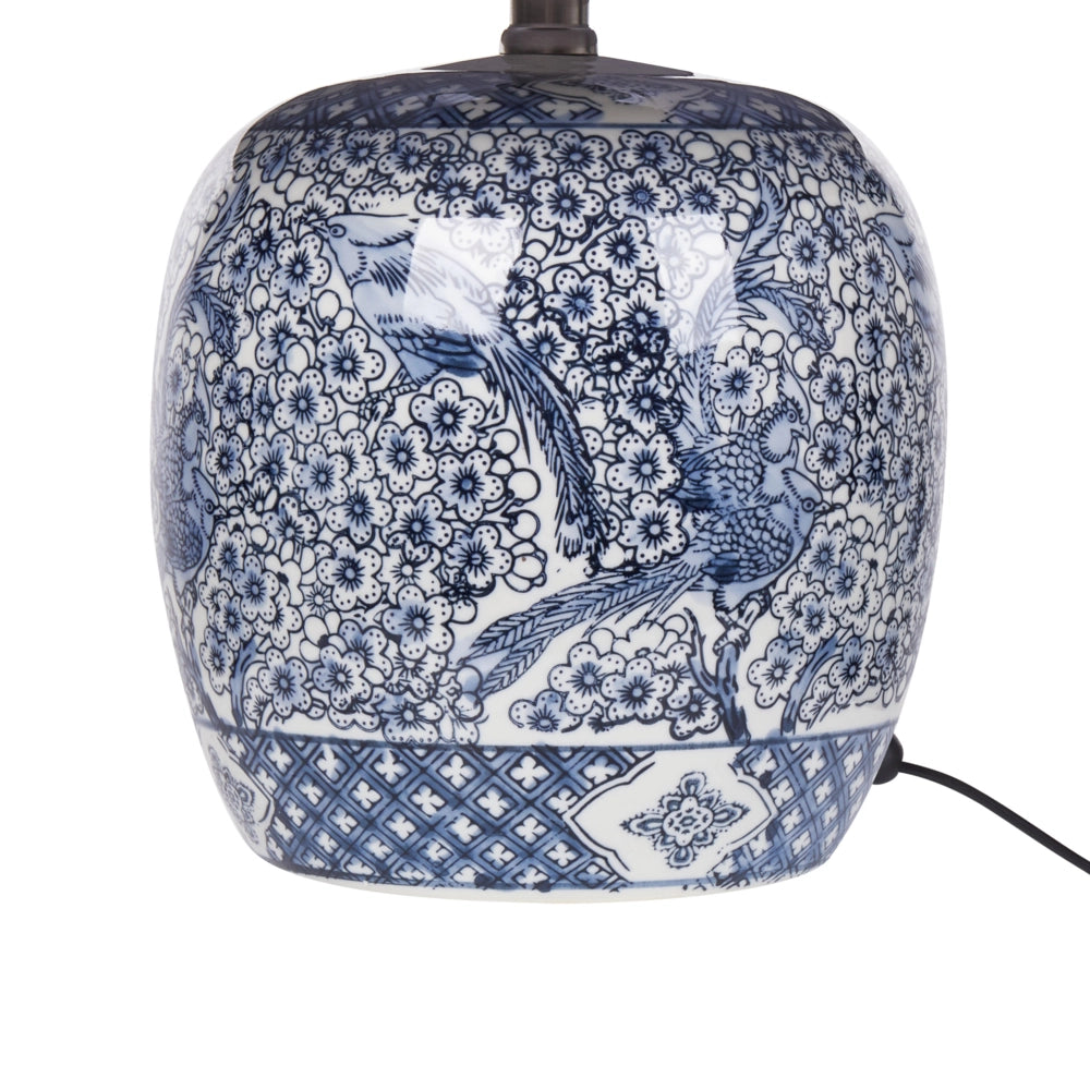 Lampada da tavolo classica con paralume in tessuto di lino marrone base in porcellana bianco e blu 46 elegante retrò classico camera da letto soggiorno