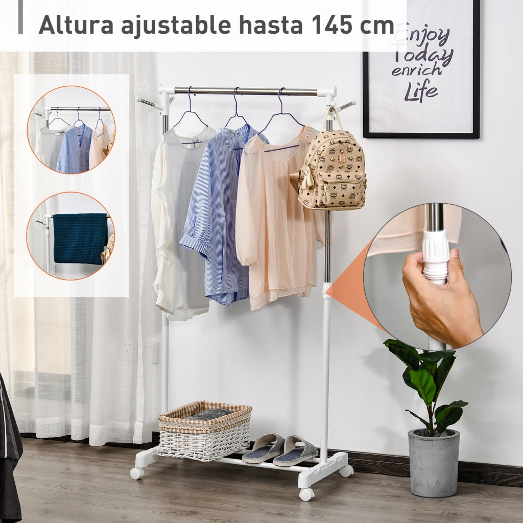 Appendiabiti Portatile con Ripiano e Ruote ¨C Zephmum ¨C Bianco Argento 68.5x42x87-145 cm