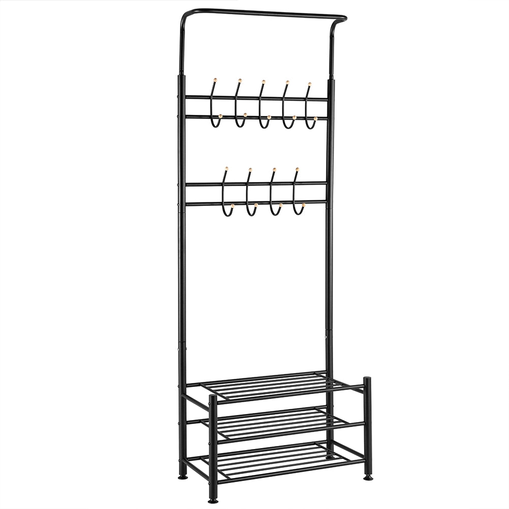 Stand Appendiabiti da Ingresso 9 Ganci con Scarpiera a 3 Ripiani in Metallo Nero