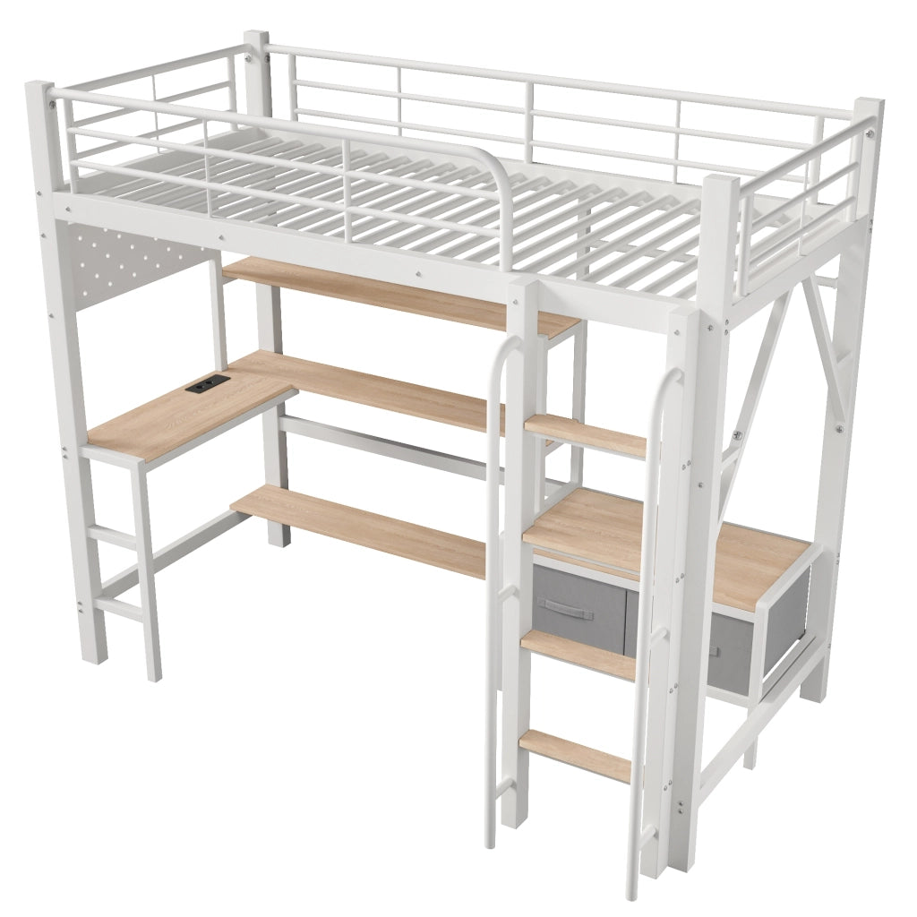 Letto a soppalco 90 x 200 cm con scrivania in metallo e MDF; bianco; con scaffali; LED e USB