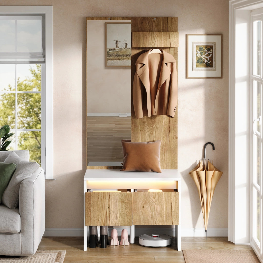 Mobile ingresso con specchio; 2 cassetti e ganci - per ingresso - 60x38x145 cm - bianco e naturale