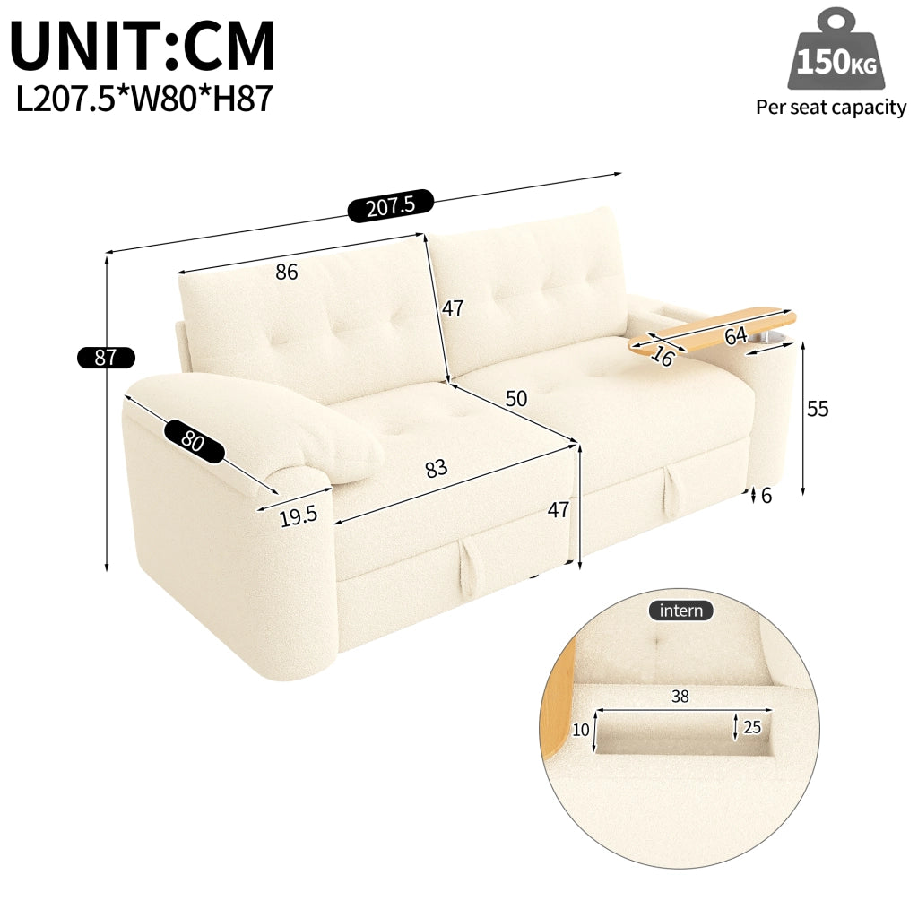 Divano modulare 2-3 posti con contenitore tavolino girevole a 270° e poggiatesta per salotto compatto in teddy beige