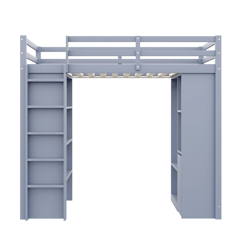 Letto a soppalco singolo 90×200 cm con ripiani; appendiabiti e carrello estraibile; senza materasso; legno; grigio